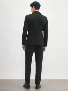 AKNOTIC Business Casual 易護理男士舊錢風格提花編織商務休閒拼接西裝外套，採用斜紋和提花織物製作，非常適合秋冬季節 - 黑色 - 查看 6