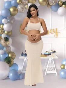 孕妇纯色镂空腰部露背吊带紧身连衣裙，适合婴儿洗礼、拍照