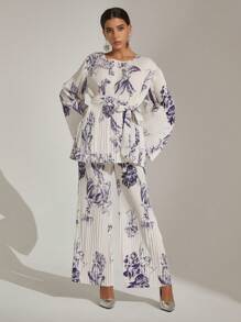 Floral Print Top & Pants Matching Sets Women Pleated 2 Pieces Set - Blue - View 1