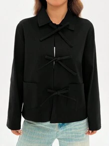 SHEIN EZwear Solid Dual Pocket Jacket For Spring & Summer - Black - View 3