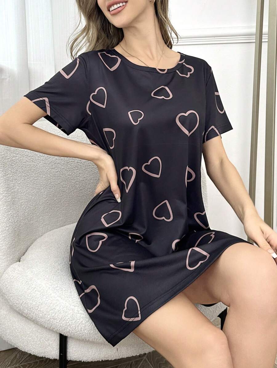 SHEIN Heart Print Round Neck Pajama Nightdress For Summer - Multicolor - View 1