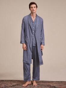 EverLounge Men's Allover Print Self-Tie Waist Long Sleeve Robe - Blue - View 5