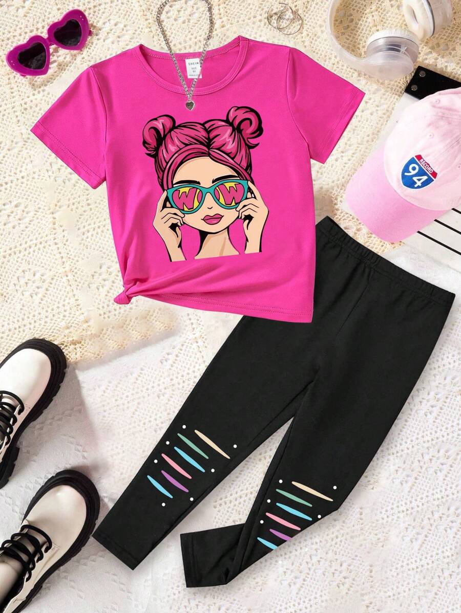 SHEIN Sparklyn Tween Girl Casual Fashionable Double Bun Hairdo & Sunglasses Print Short-Sleeve T-Shirt With Leggings Basic Set - Multicolor - View 1