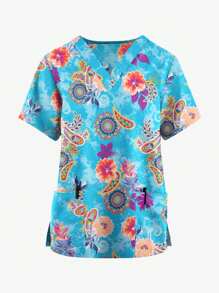 Women's Flower Printed Nurse Uniform Scrub Top - Multicolor - View 1