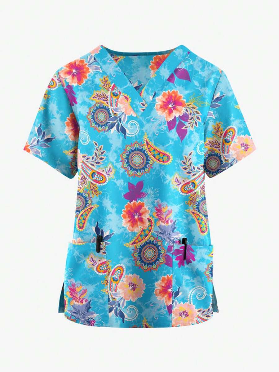 Women's Flower Printed Nurse Uniform Scrub Top - Multicolor - View 1