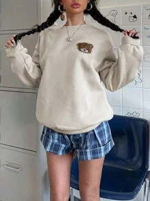SHEIN EZwear 夏季长袖小熊植绒落肩卫衣，长袖上衣 - 杏色 - 查看 4