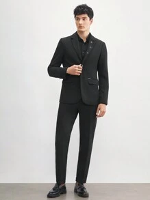 AKNOTIC Business Casual 易護理男士舊錢風格提花編織商務休閒拼接西裝外套，採用斜紋和提花織物製作，非常適合秋冬季節 - 黑色 - 查看 10