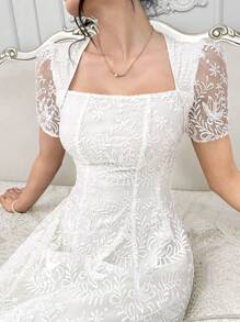 Modelyn Elegant Women's Summer Solid Color Embroidered Cinched Waist Dress - Apricot - View 5