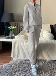 EURMUSE Half Zip Drop Shoulder Sweatshirt & Sweatpants - Light Grey - View 5