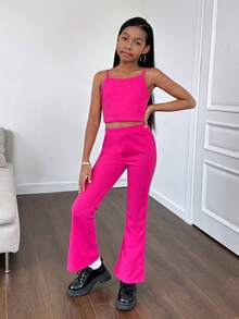 SHEIN 少女款漂亮休閒針織純色短袖針織開衫上衣，設有背心坎肩和長褲3件套 - 玫紅色 - 查看 4