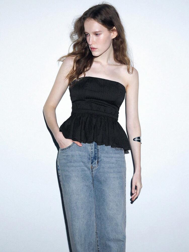 SHEIN Maija Top sans bretelles noir élégant pour femme avec bordure à volant