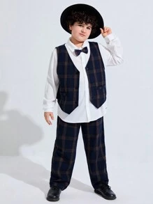 SHEIN 3pcs Kids Tween Boys Extended Size Casual Turn-Down Collar Long Sleeve Solid Color Shirt With Tie, Plaid Vest And Woven Pants Set - Multicolor - View 1