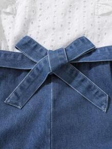 SHEIN Tween Girl White Ruffle Sleeve & Blue Denim Spliced Jumpsuit With Long Pants - Medium Wash - View 4