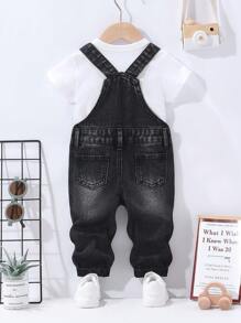 男婴帅气破洞个性吊带牛仔裤，百搭喷绘马和黑牛时尚，适合万圣节派对