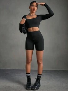 SHEIN Sport Gameset T-shirt court et short cycliste unicolore pour l'été