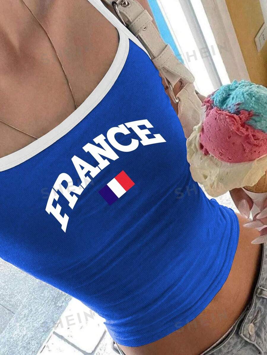 INAWLY Cami-Top mit Buchstaben-Graphik und kontrastierender Einfassung - Blau - Übersicht 1