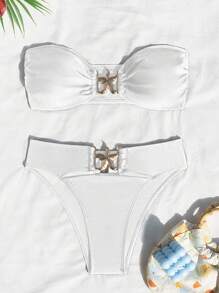 Swim SXY Bộ bikini đi biển mùa hè có dây buộc vòng màu trắng - trắng - Xem 8