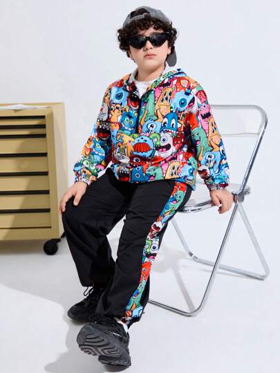 SHEIN 2st Barn Tween Pojkar Extended Size Casual Tecknad T-shirt med huvtröja med halv dragkedja fram och långärmad topp och sidosömmar Patchwork Joggerbyxor Set, Lämplig för daglig fritid, semester, sport för alla årstider