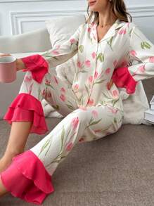 Floral Print Flare Sleeve Ruffle Hem Top & Pants PJ Set / Pajama Set, Fall Clothes - Pink - View 1
