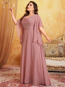 Große Größen Chiffon Kleid mit V-Ausschnitt, A-Linie, Schmetterling-bestickter Taille und weiten Ärmeln, elegantes und anmutiges Abendkleid für Prom, Halb-Formal, Hochzeitsgäste, für Geburtstag, Abschluss, Homecoming - Altrosa - Übersicht 3