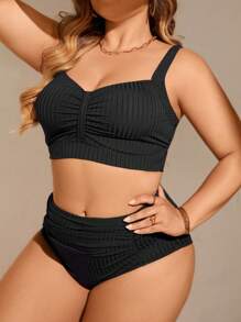 SHEIN Swim Curve 大尺碼夏季海灘單色褶皺比基尼套裝