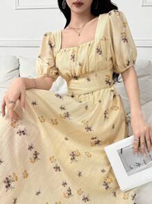 Modelyn Women's Summer Puff Sleeve High Waist Sweetheart Neck Elegant Floral Dress - Apricot - View 5