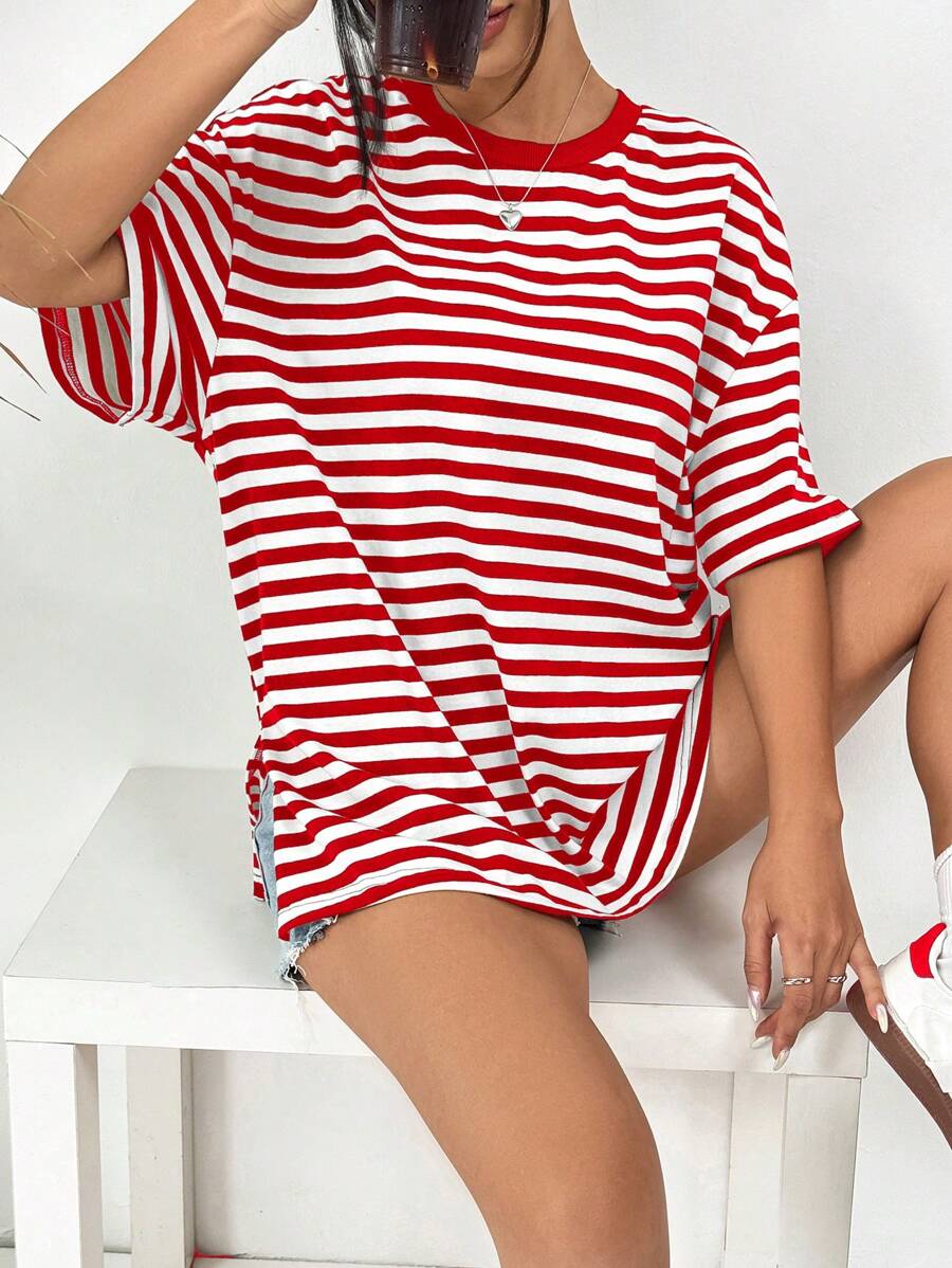 SHEIN EZwear Red & White Striped Knitted Loose Women's T-Shirt - Red - View 1