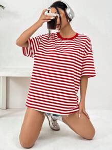 SHEIN EZwear Red & White Striped Knitted Loose Women's T-Shirt - Red - View 4