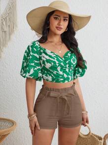 Breezaya Paperbag Waist Belted Denim Shorts - Khaki - View 3