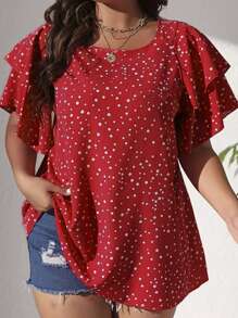 EMERY ROSE Plus Polka Dot Print Butterfly Sleeve Blouse For Summer Vacation - Red - View 1