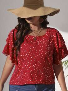 EMERY ROSE Plus Polka Dot Print Butterfly Sleeve Blouse For Summer Vacation - Red - View 4