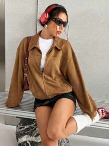 SHEIN EZwear Brown Drop Shoulder Suedette Jacket For Spring, Summer And Autumn - Brown - View 1