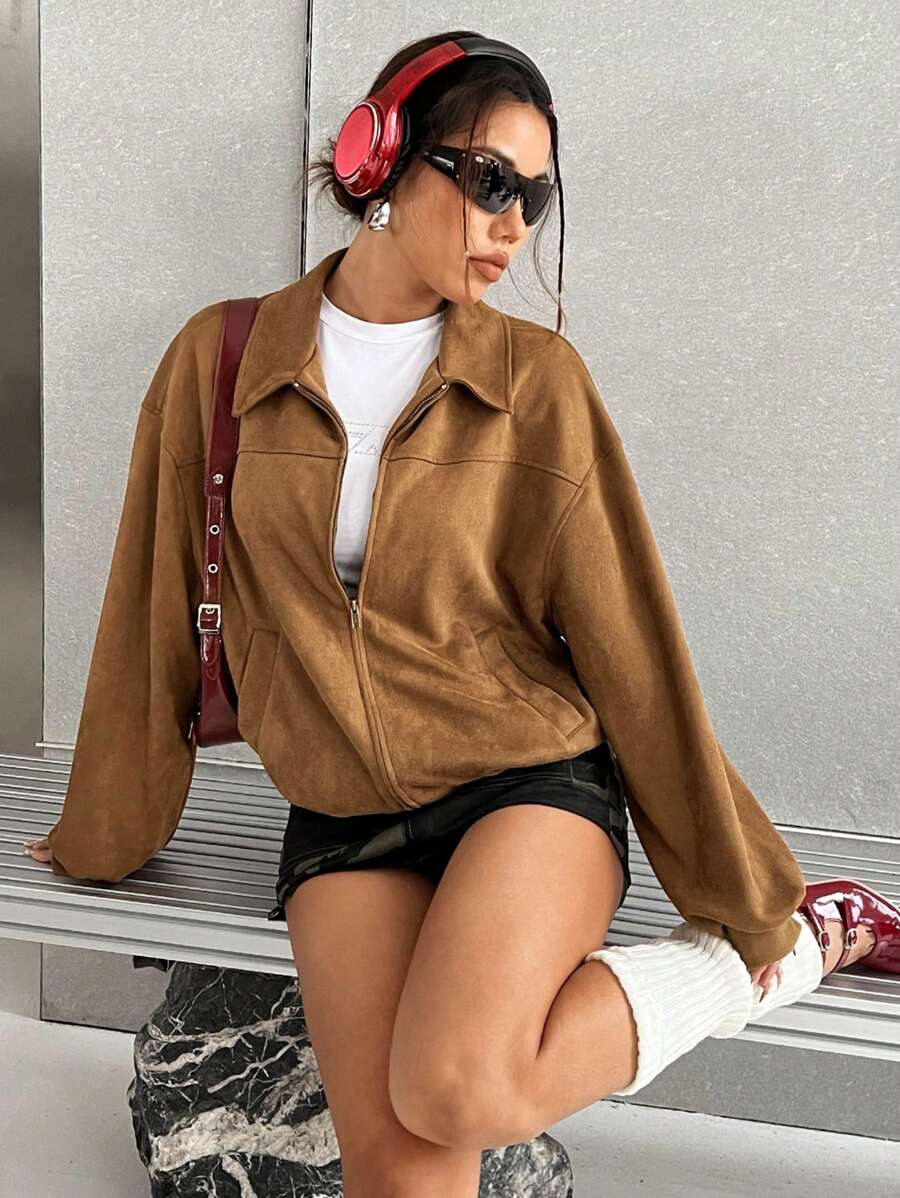 SHEIN EZwear Brown Drop Shoulder Suedette Jacket For Spring, Summer And Autumn - Brown - View 1