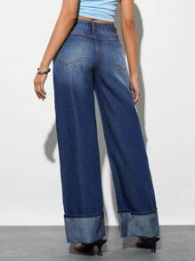 Forever 21 Quần jean ống rộng cạp cao phong cách cổ điển dành cho nữ có túi bên hông - Màu xanh lam - Xem 2