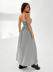 SHEIN EZwear 條紋印花斜口袋筒型中長裙 - 黑與白 - 查看 3