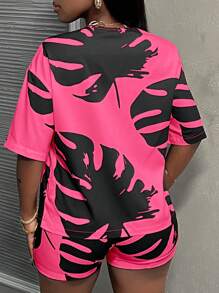 Slaydiva 度假酒店休閒款，女式寬鬆熱帶植物印花上衣和短褲套裝，適用於海灘穿著 -K - 玫紅色 - 查看 2