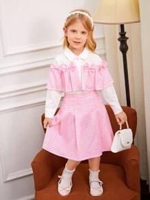 年輕女孩簡約印花長袖上衣和裙子2件套裝 - 粉色 - 查看 6