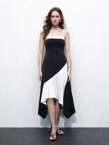 Maija Women's Summer Elegant Contrast Color Patchwork Asymmetrical Hem Slip Dress