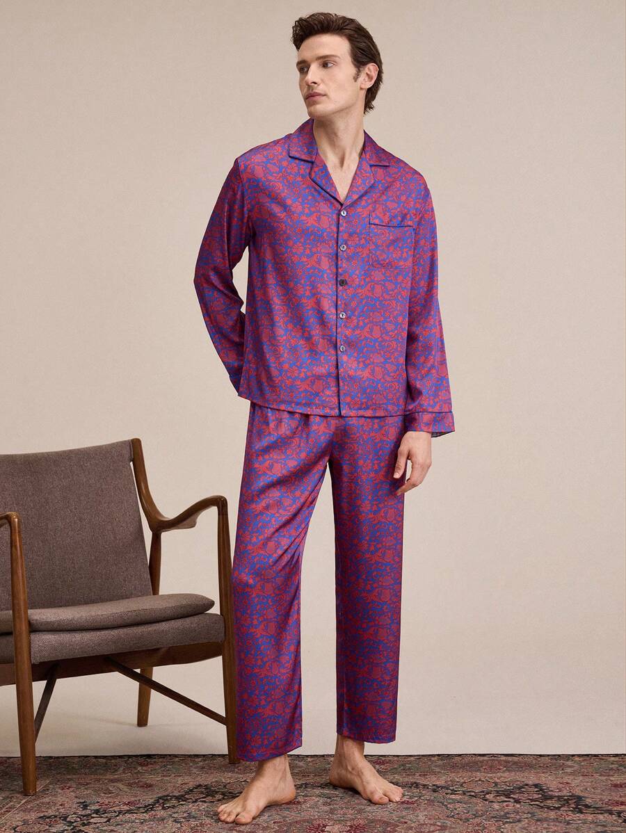 EverLounge Men Allover Print Contrast Piping Top & Pants PJ Set / Pajama Set - Multicolor - View 1
