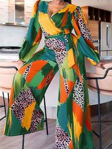 Enterizo de pierna ancha con mangas de lámpara con estampado de leopardo y cinturón - Multicolor - Ver 1