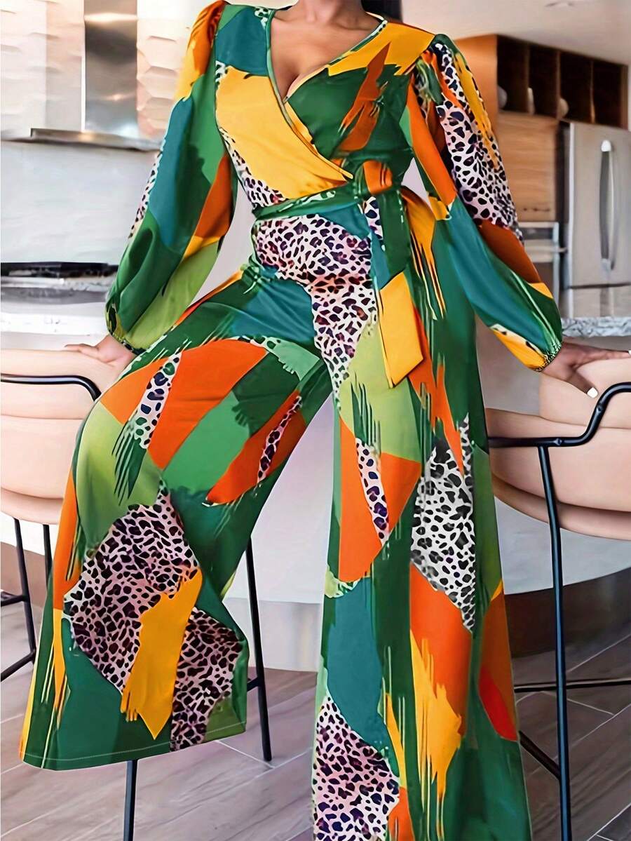Enterizo de pierna ancha con mangas de lámpara con estampado de leopardo y cinturón - Multicolor - Ver 1