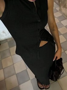 2pcs Women Solid Color Minimalist Sleeveless Top And Skirt Set - Black - View 5