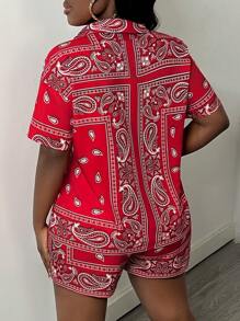 Slaydiva Casual Street  Loose Short Sleeve Shirt And Shorts, Red  Print Loose Shirt Set, Women's 2pcs Set-C