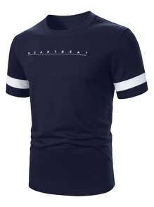 Manfinity Homme Áo thun nam ngắn tay thường ngày mùa hè có in chữ - Màu xanh hải quân - Xem 2