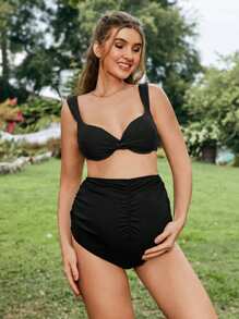SHEIN Bottom de bikini plisada de unicolor con cobertura total para maternidad, a juego para vacaciones de verano