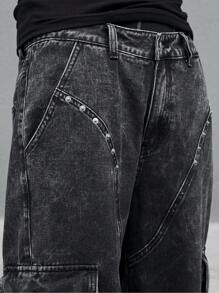 PAVTROS Manfinity Streetrush 男士休闲翻盖口袋侧边黑色工装牛仔裤（无腰带）纯色长款宽松工装牛仔裤，深灰色酸洗工装牛仔裤，送给丈夫、男朋友的礼物，男士宽松牛仔裤款式，男士灰色宽松牛仔裤，男士宽松牛仔裤，适合外出大学街头休闲运动，摇滚风 - 黑色 - 查看 8