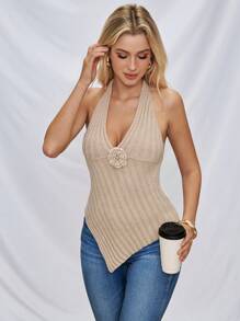Chiquease Solid Asymmetrical Hem Halter Knit Top