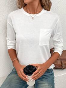 SHEIN LUNE Solid Pocket Patched Drop Shoulder Tee Fall Cloth For Women - White - View 5