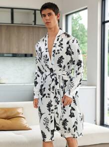Men Floral Print Belted Sleep Robe - Black and White - View 3
