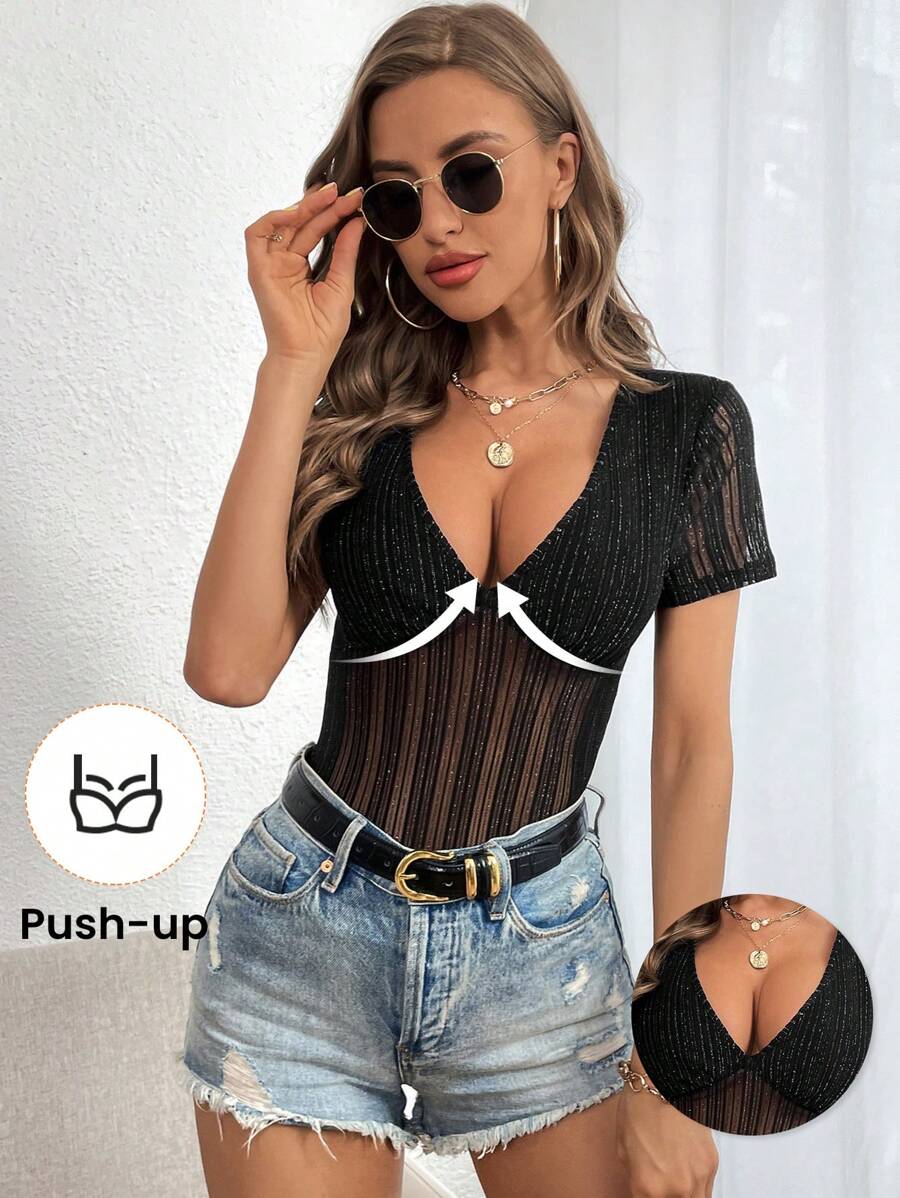 SHEIN Privé Áo thun nữ cắt màu trơn Gợi cảm - màu đen - Xem 1